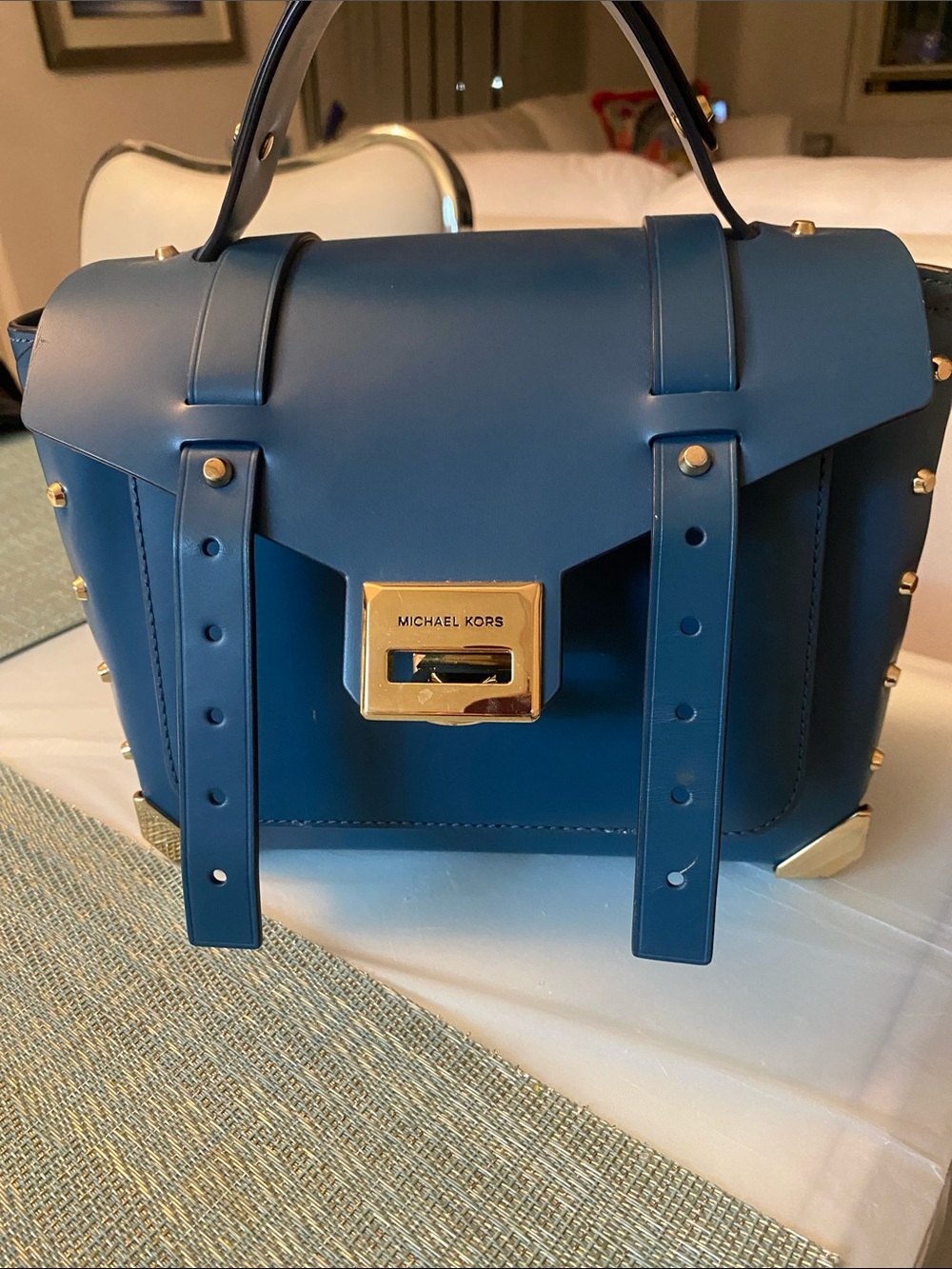 Michael Kors Teal Blue Leather Satchel with Gold Hardware